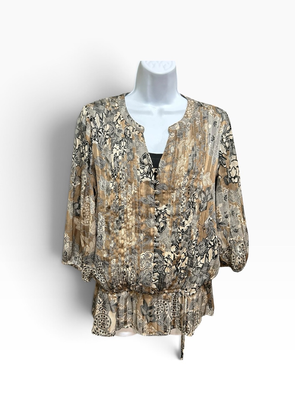 Denver Hayes Brown Black Floral 3/4 Sleeve Peplum Hem Blouse Size M